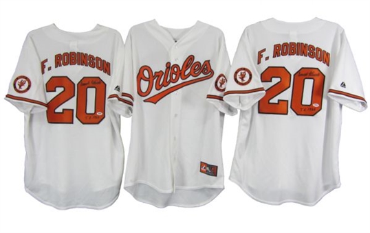 Lot of Three (3) 1966 Frank Robinson Triple Crown Signed and Inscribed Jerseys w/ patch